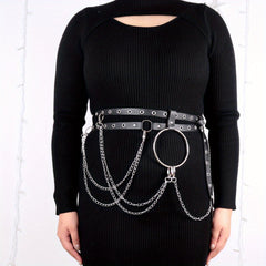  Chain Fringe Harness Belt Double Layer PU Leather Waistband