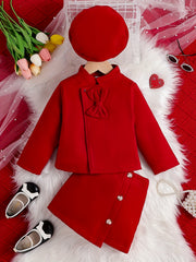 Girls 3pcs Bowknot Coat & Beret & Skirt Set Solid Outfits Kids Clothes