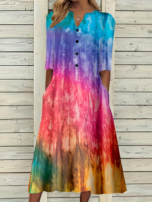  Ombre Button Decor Long Sleeve V-Neck Maxi Dress