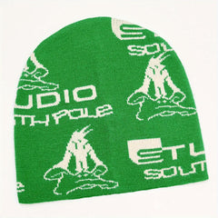 Green Anime Jacquard Beanie Y2K Unisex Knit Hat Hip Hop Elastic Windproof