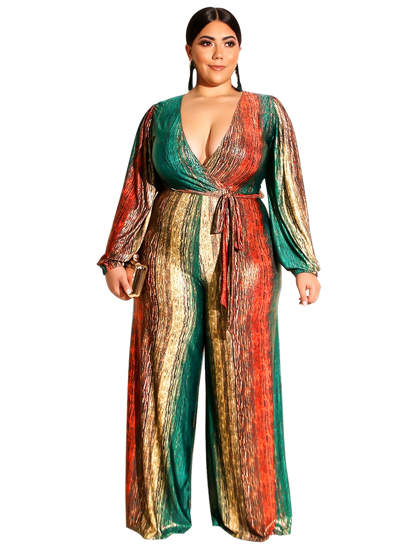  Colorblock Long Sleeve Jumpsuit With Belt