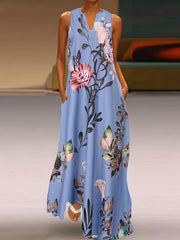 Feather Print Maxi Tank Dress With Pockets