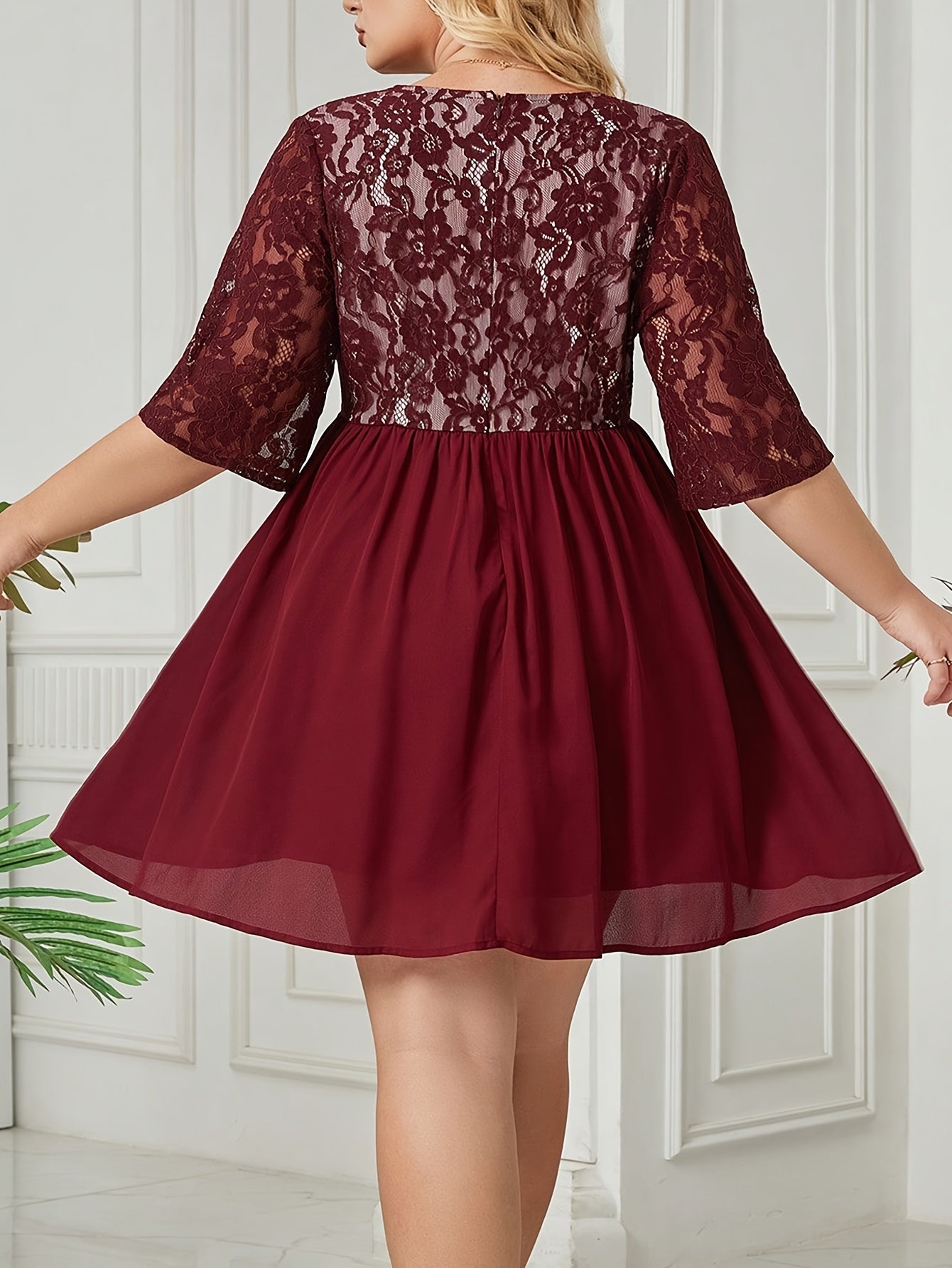  Solid Contrast Lace Mini Dress