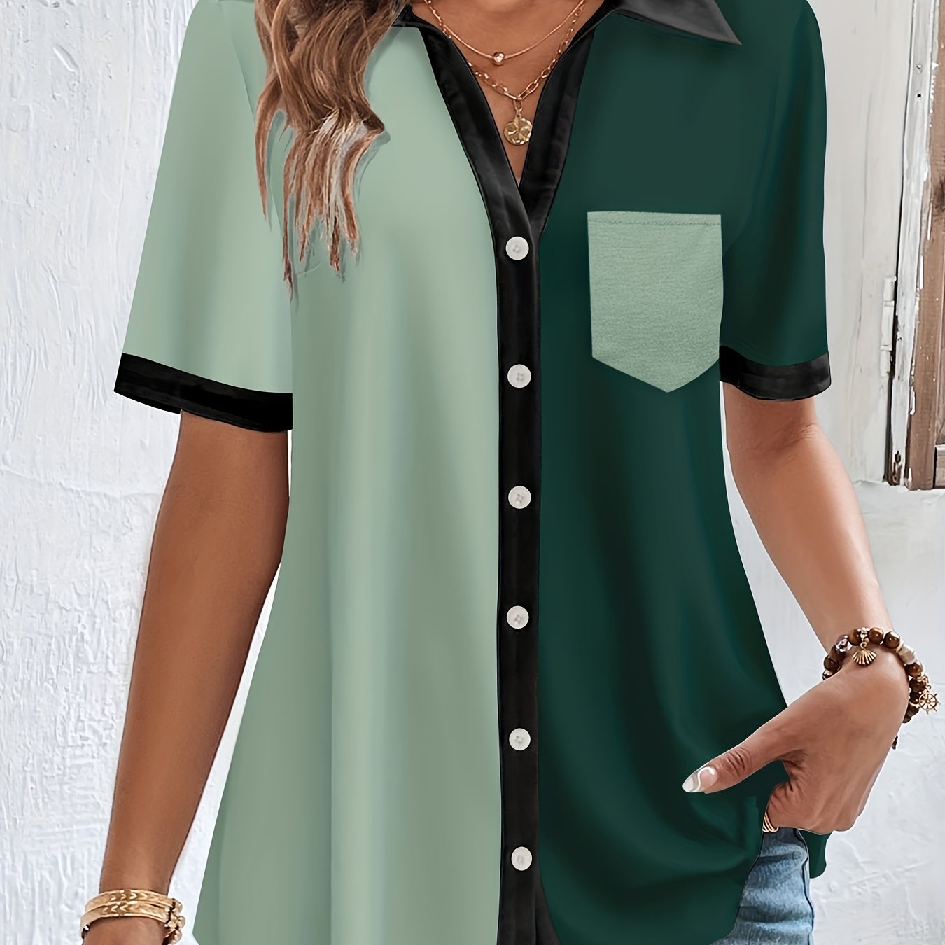  Colorblock Button Up Short Sleeve Blouse