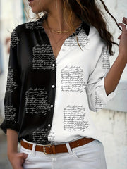  Colorblock Letter Print Long Sleeve Blouse