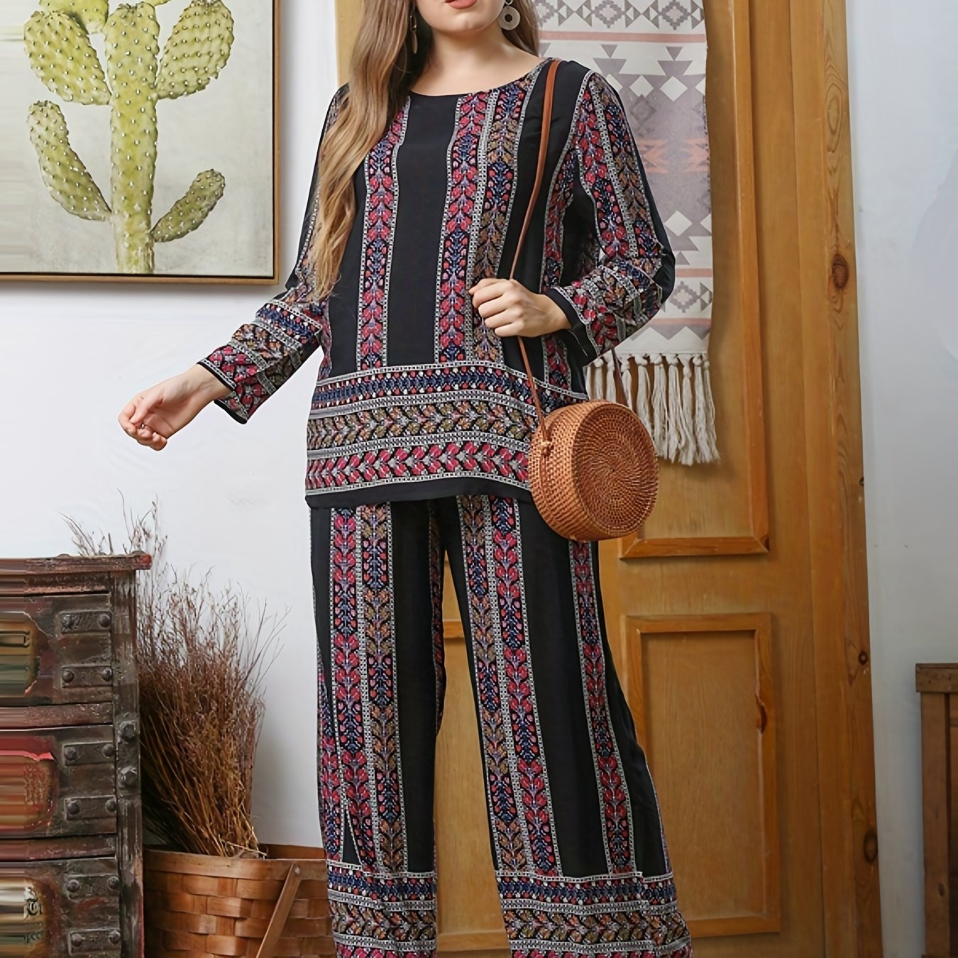  2 Piece Set Women's Plus Random Print Long Sleeve Top & Pants Outfits