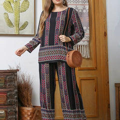  2 Piece Set Women's Plus Random Print Long Sleeve Top & Pants Outfits