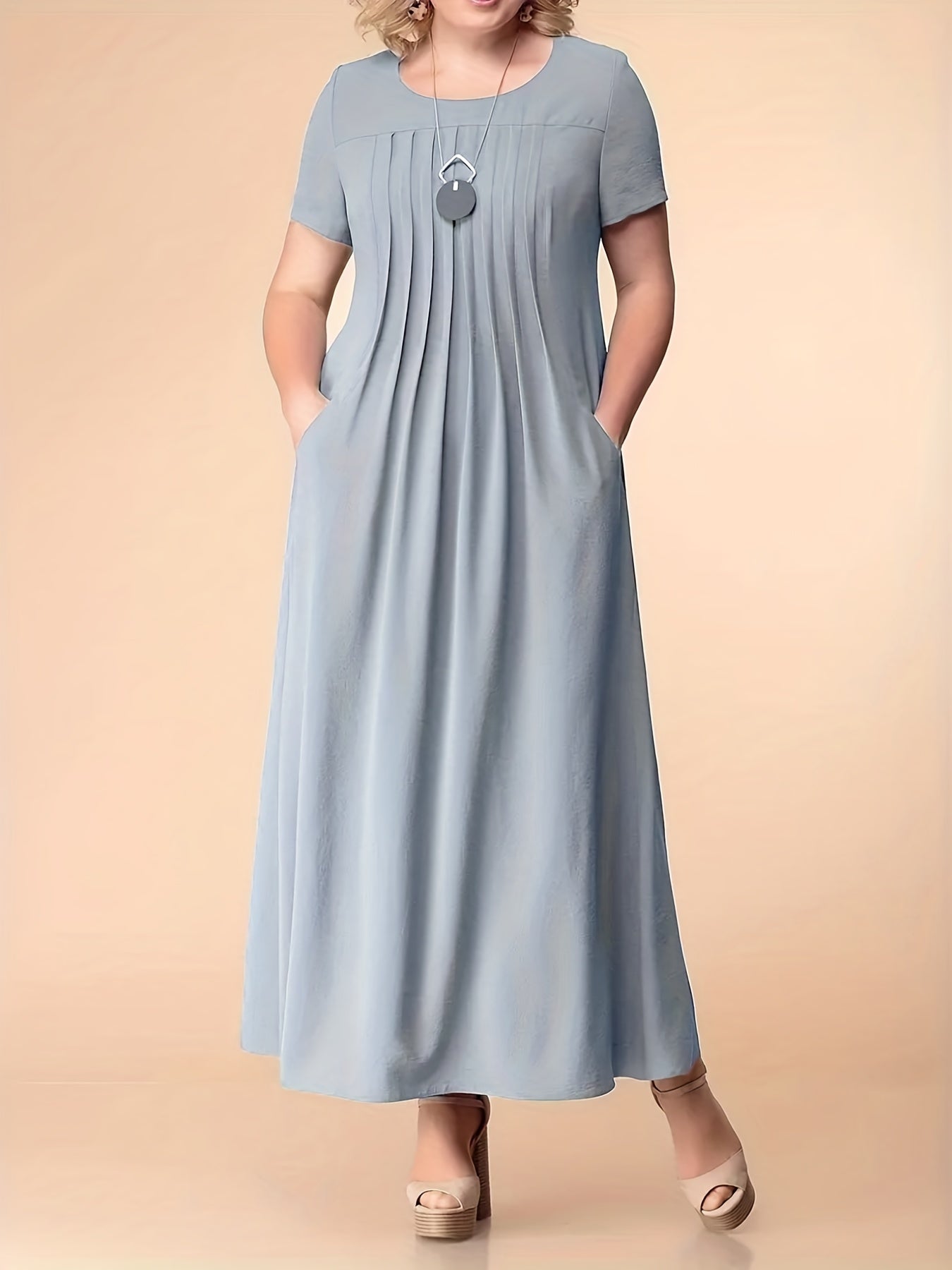  Maxi Dress Women's Short Sleeve Round Neck Dress With Pockets