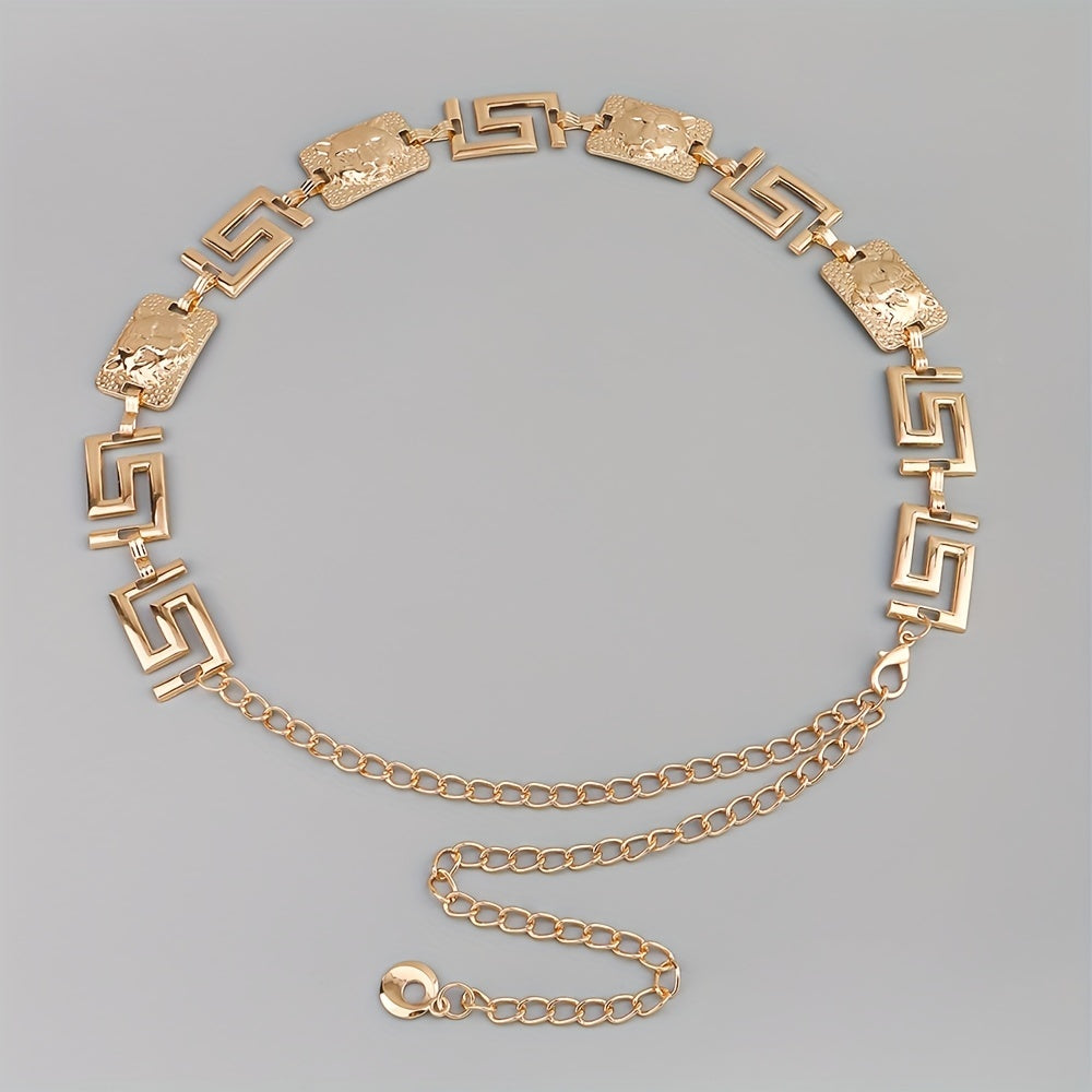 Geometric Chain Belt Tiger Head Engraved Girdle