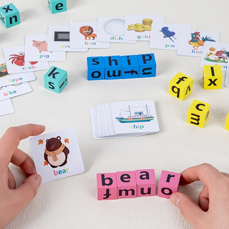 Wooden Spelling Game Building Blocks with Cards for Kids Learning Toy