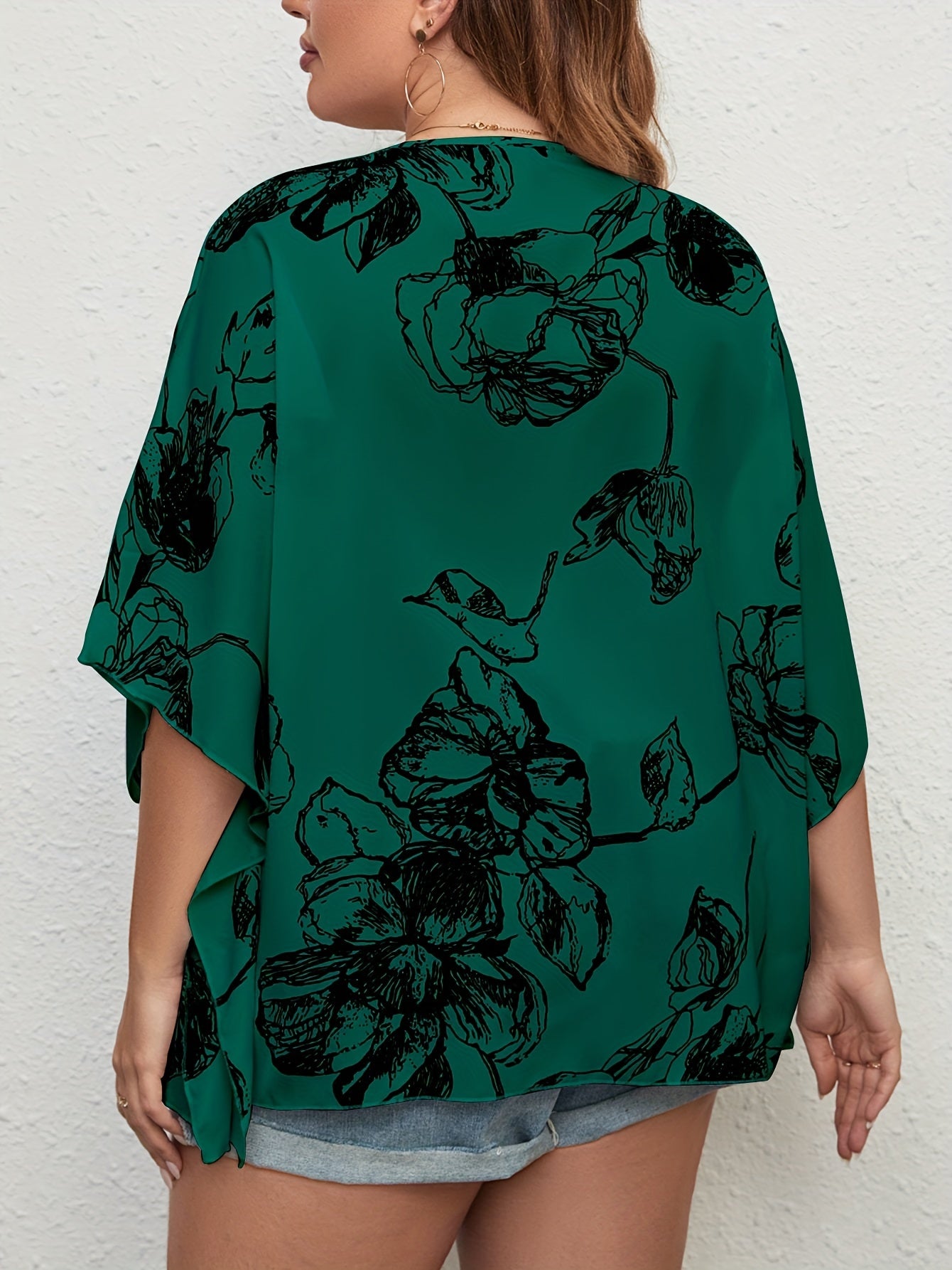  Floral Print V Neck Bat Sleeve Tunic Top