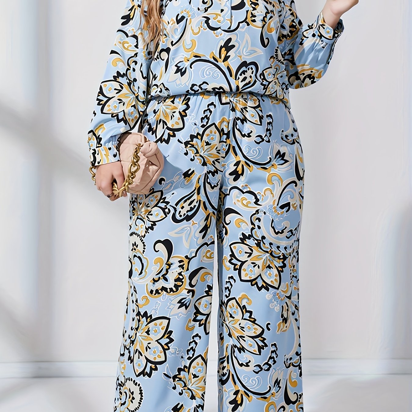  Floral Print Lantern Sleeve Blouse & Wide Leg Pants Set