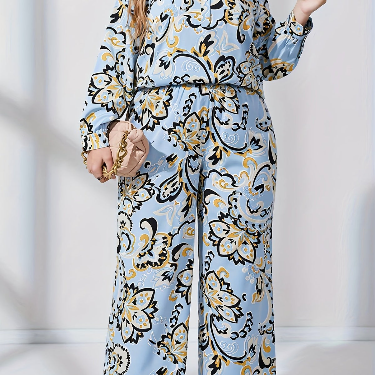  Floral Print Lantern Sleeve Blouse & Wide Leg Pants Set
