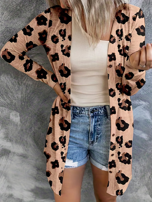 Leopard Print Open Front Long Sleeve Cardigan