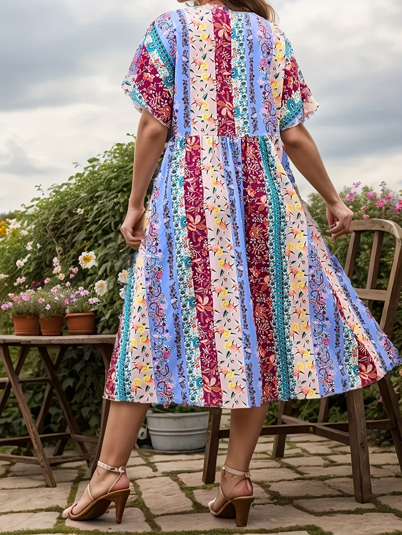  Boho Dress Women's Plus Patchwork Print Batwing Sleeve V Neck