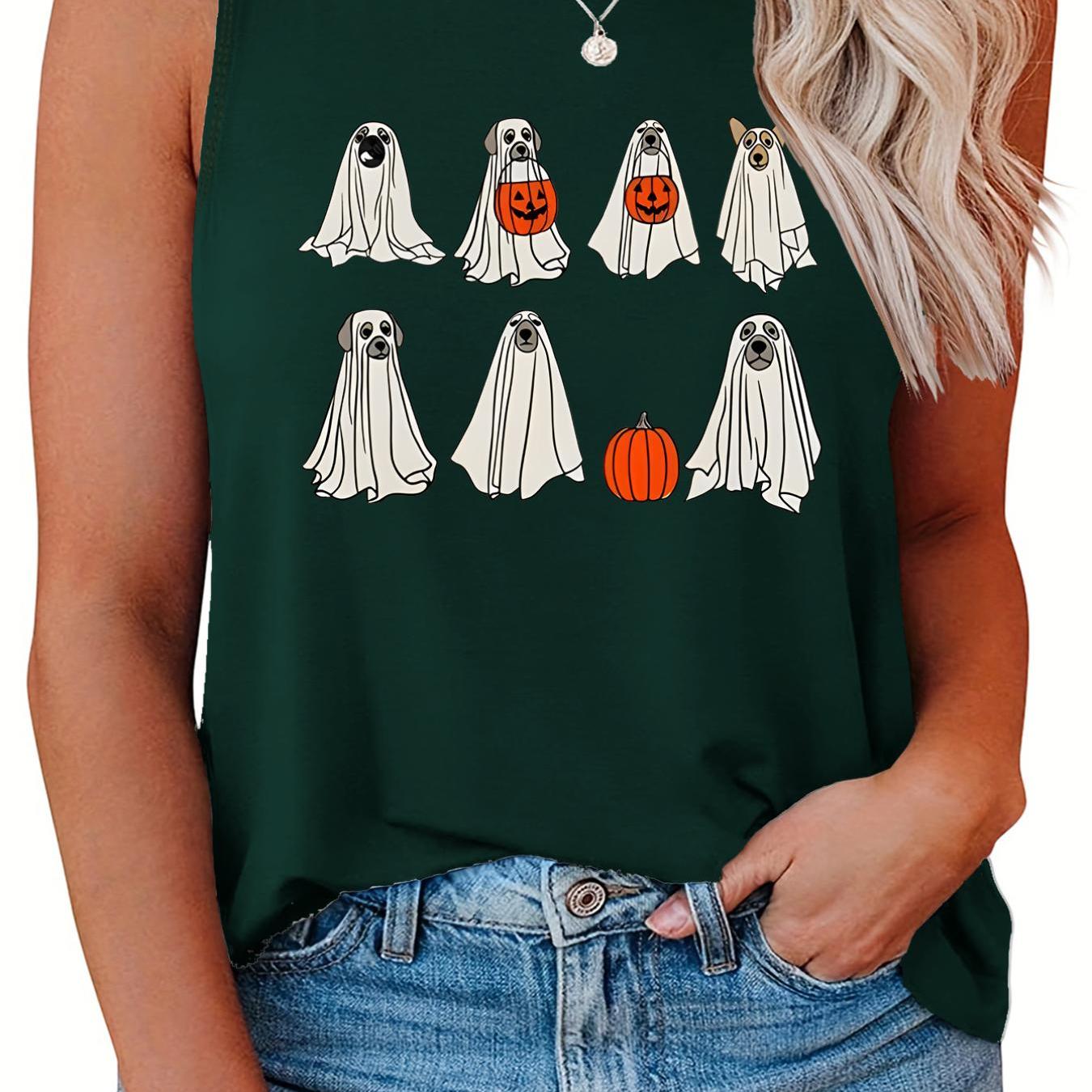  Ghost & Pumpkin Print Round Neck Vest Top