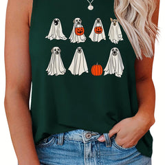  Ghost & Pumpkin Print Round Neck Vest Top