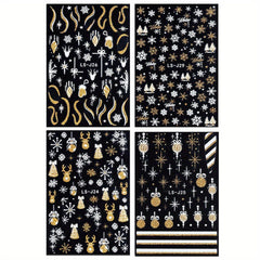4 Vibrant Christmas Nail Art Stickers Golden Snowman Snowflake