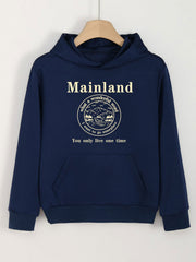 Girls Letter & Island Print Hoodies Comfy Hooded Pullover Top