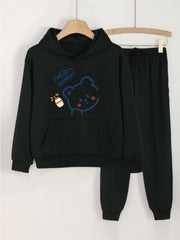 2pcs Sunday Bear Hoodies & Jogger Pants Set For Girls Spring Fall