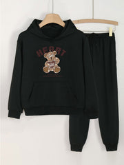 2pcs Heart Bear Hoodies & Jogger Pants Set For Girls