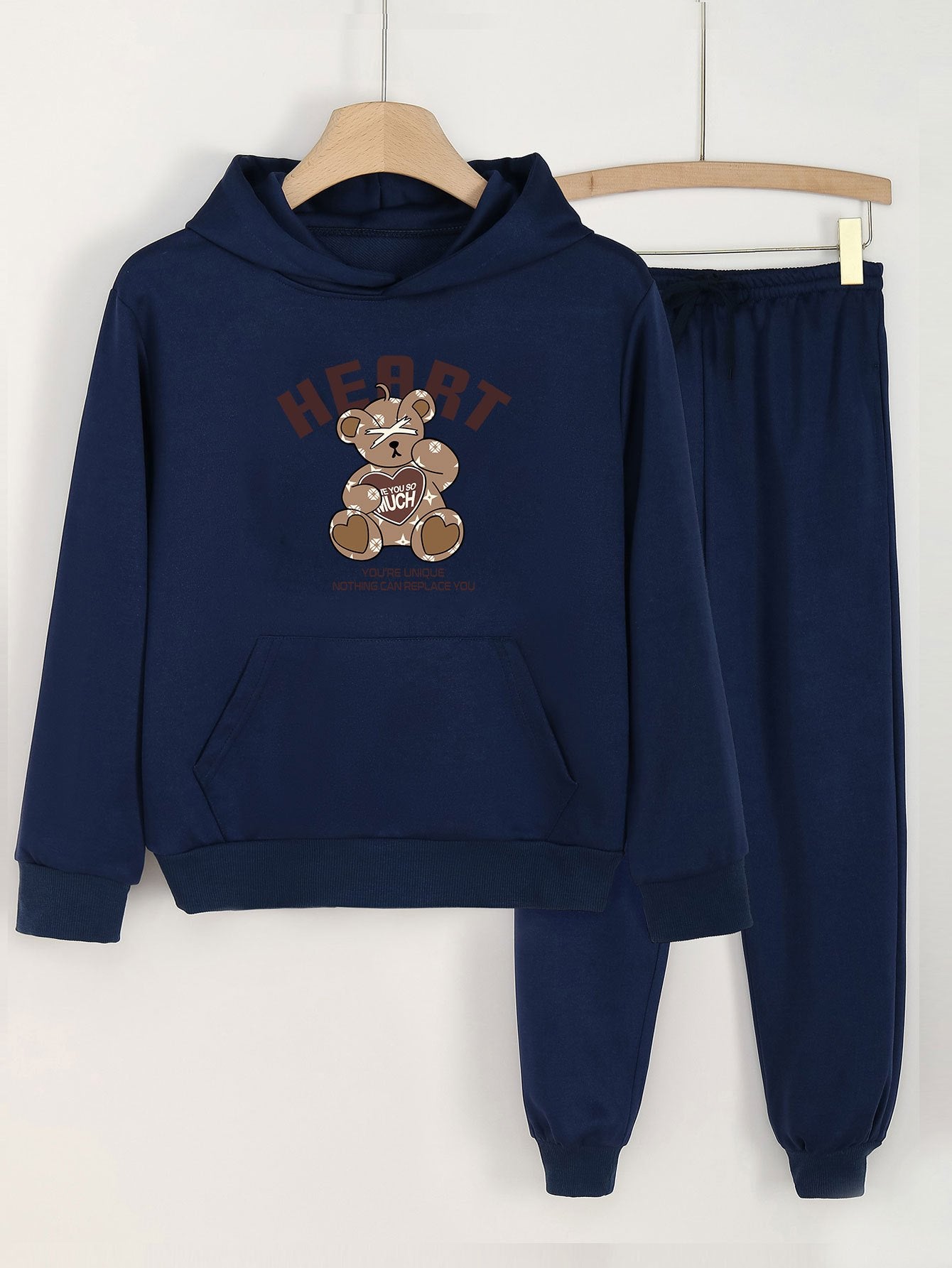 2pcs Heart Bear Hoodies & Jogger Pants Set For Girls