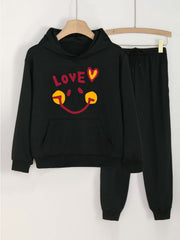 2pcs Love Smile Graphic Hoodies With Pocket Jogger Pants Set For Girls