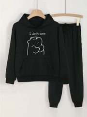 2pcs I DON'T CARE Bear Graphic Hoodies With Pocket Jogger Pants Set