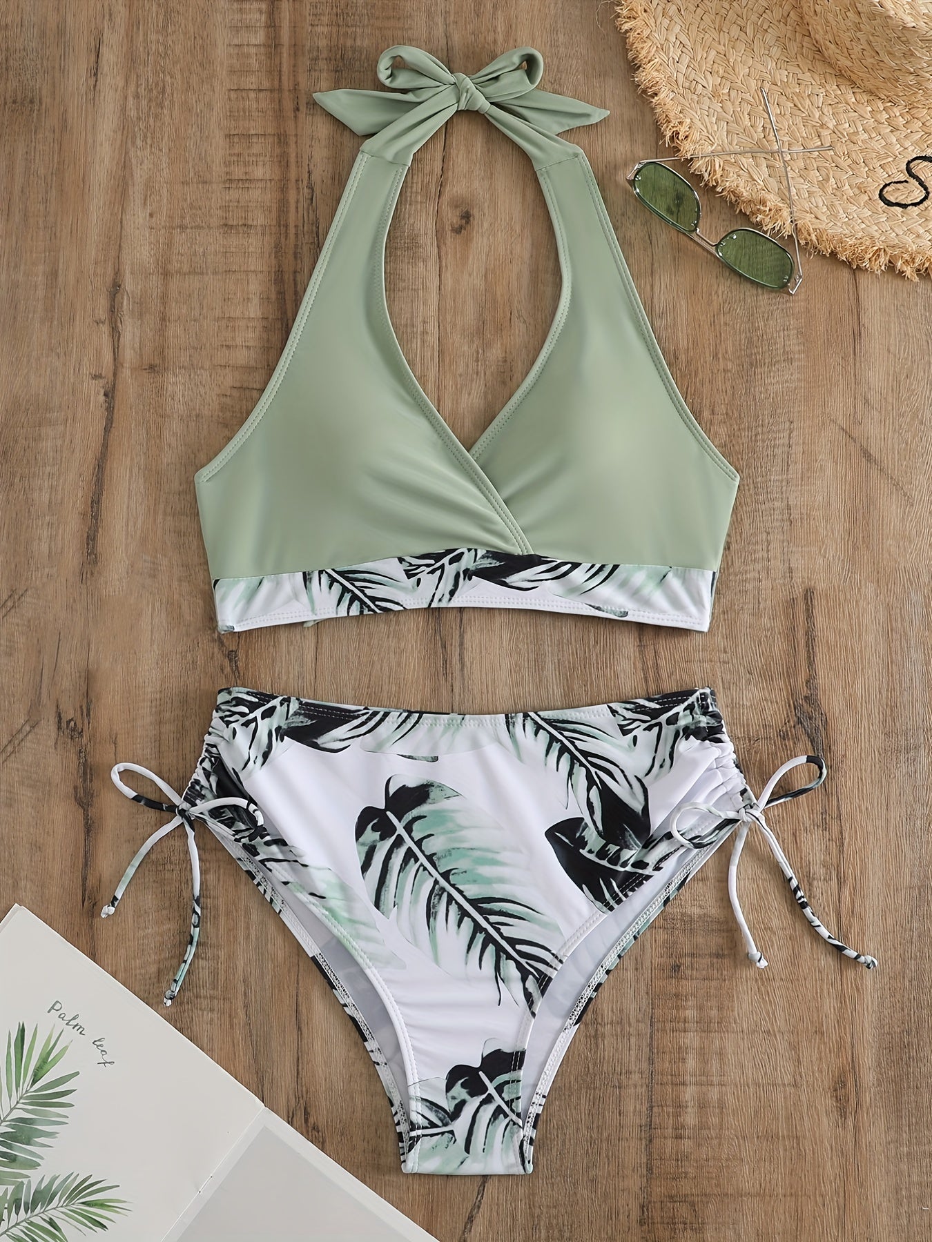 Leaf Print Bikini Set Halter V Neck High Cut Swimsuit
