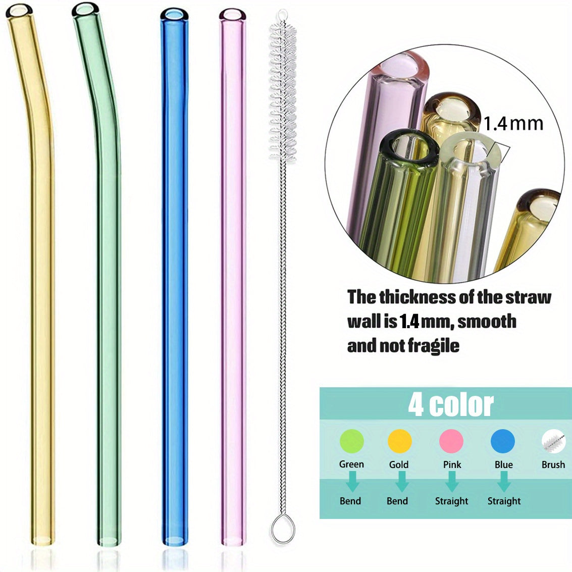 4 Clear Straws + 1 Straw Brush Reusable 8mm Glass Straw Heat Resistant Cup