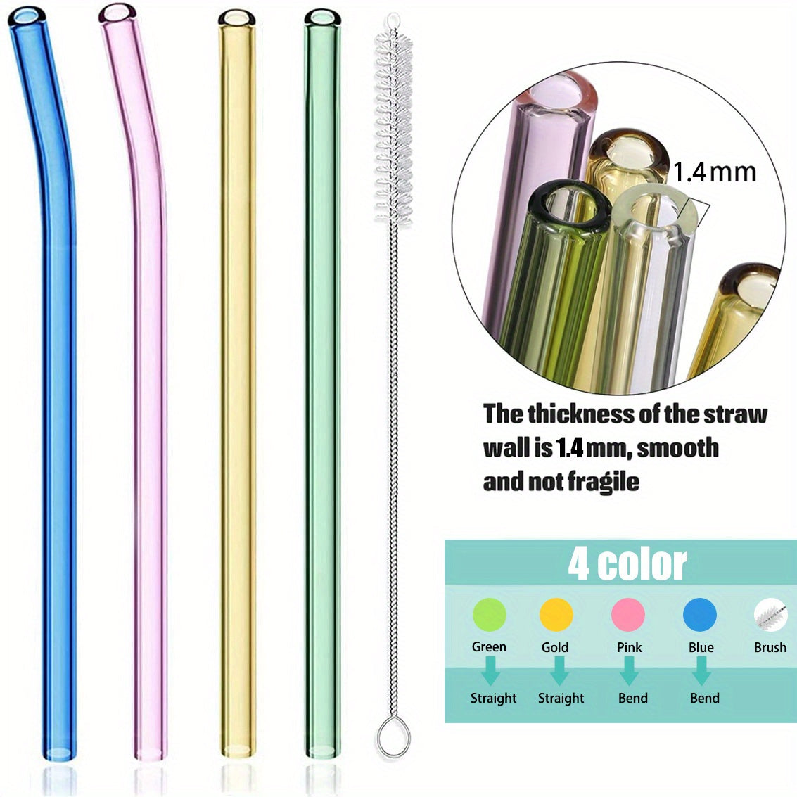 4 Clear Straws + 1 Straw Brush Reusable 8mm Glass Straw Heat Resistant Cup