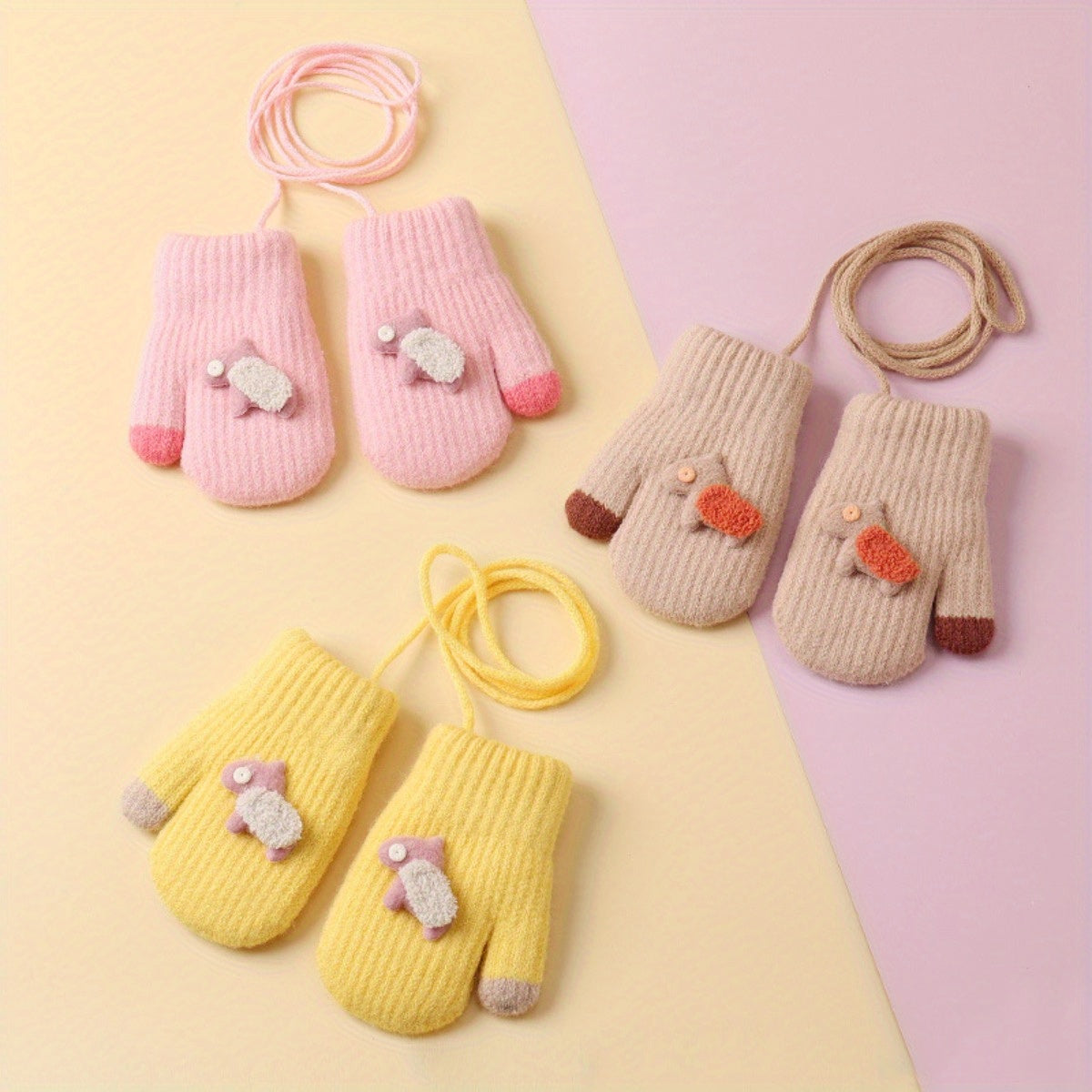 Kids Cartoon Gloves Winter Warm with Neck Hanging Rope