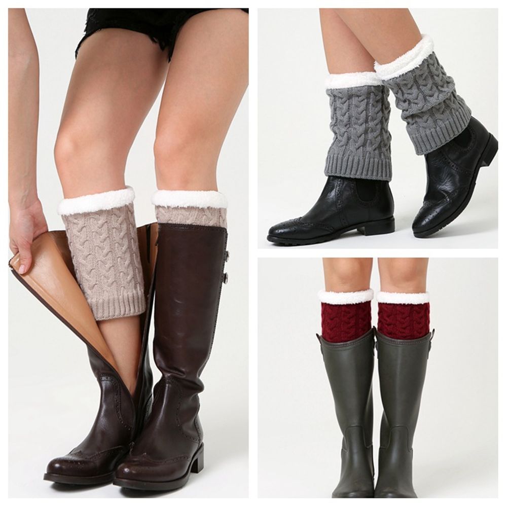 Winter Braided Knitting Leg Warmer Fleece lined Crochet Boot Cuff Covers