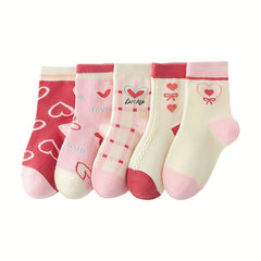 5 Pairs Girl's Cartoon Love Heart Knitted Socks Cotton Blend Soft Crew Socks