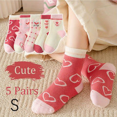 5 Pairs Girl's Cartoon Love Heart Knitted Socks Cotton Blend Soft Crew Socks