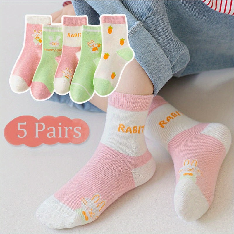 5 Pairs Girl's Cartoon Love Heart Knitted Socks Cotton Blend Soft Crew Socks