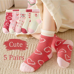 5 Pairs Girl's Cartoon Love Heart Knitted Socks Cotton Blend Soft Crew Socks