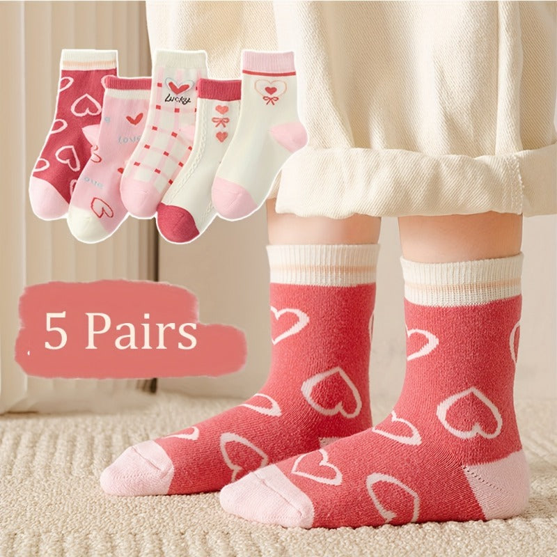 5 Pairs Girl's Cartoon Love Heart Knitted Socks Cotton Blend Soft Crew Socks