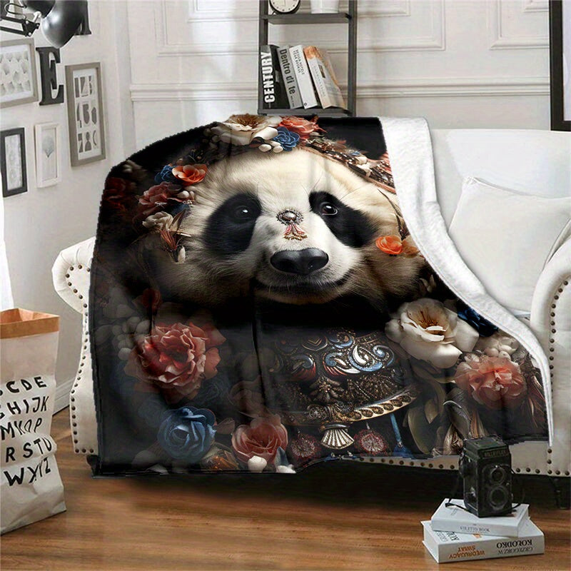 Cozy Pandas & Flowers Print Blanket Lightweight Flannel Throw For Sofa Bed
