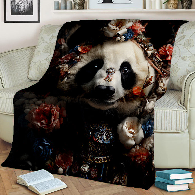 Cozy Pandas & Flowers Print Blanket Lightweight Flannel Throw For Sofa Bed