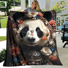 Cozy Pandas & Flowers Print Blanket Lightweight Flannel Throw For Sofa Bed