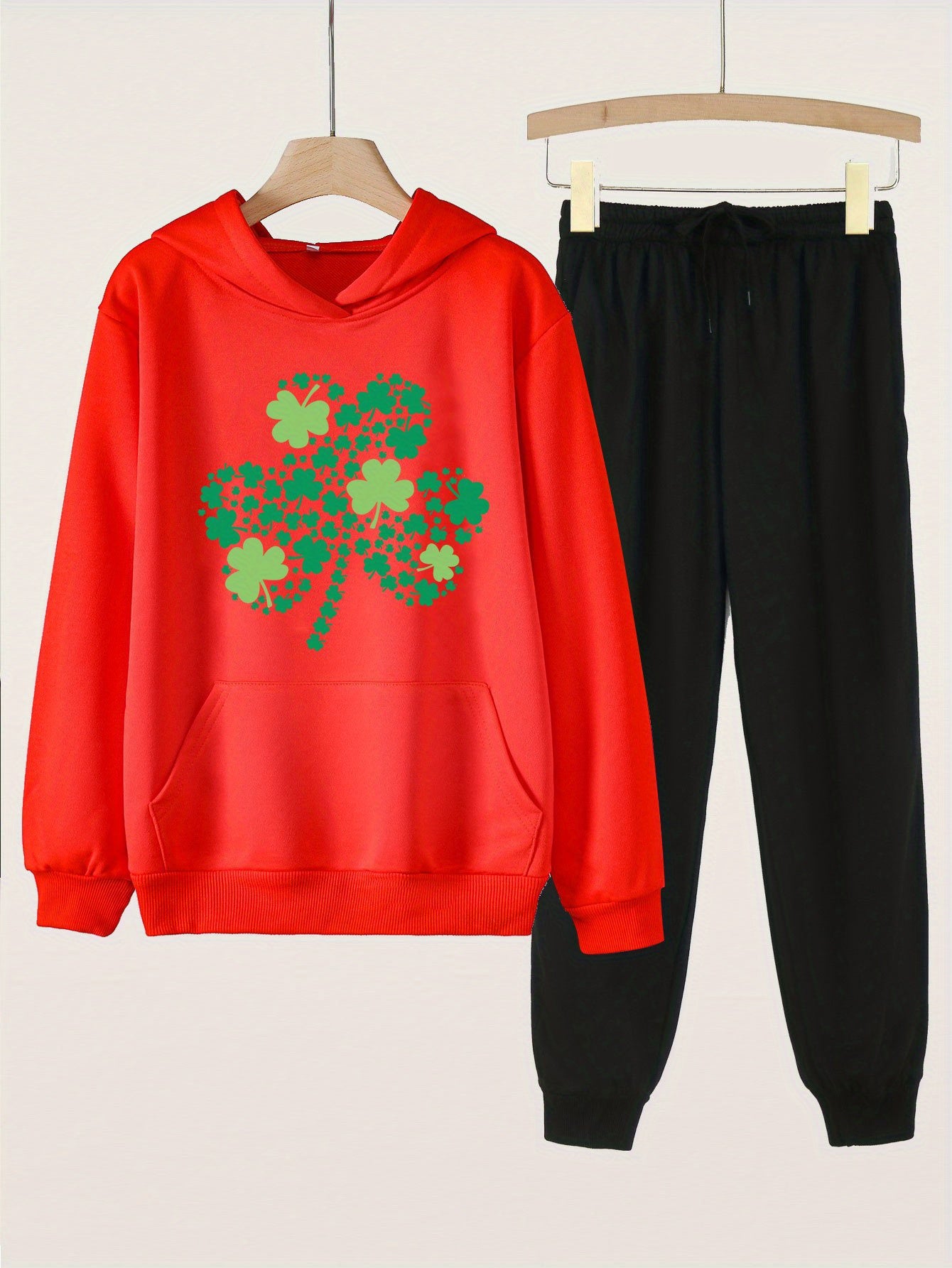 Clover Graphic Girls Hoodie Jogger Pants Set for Spring Fall