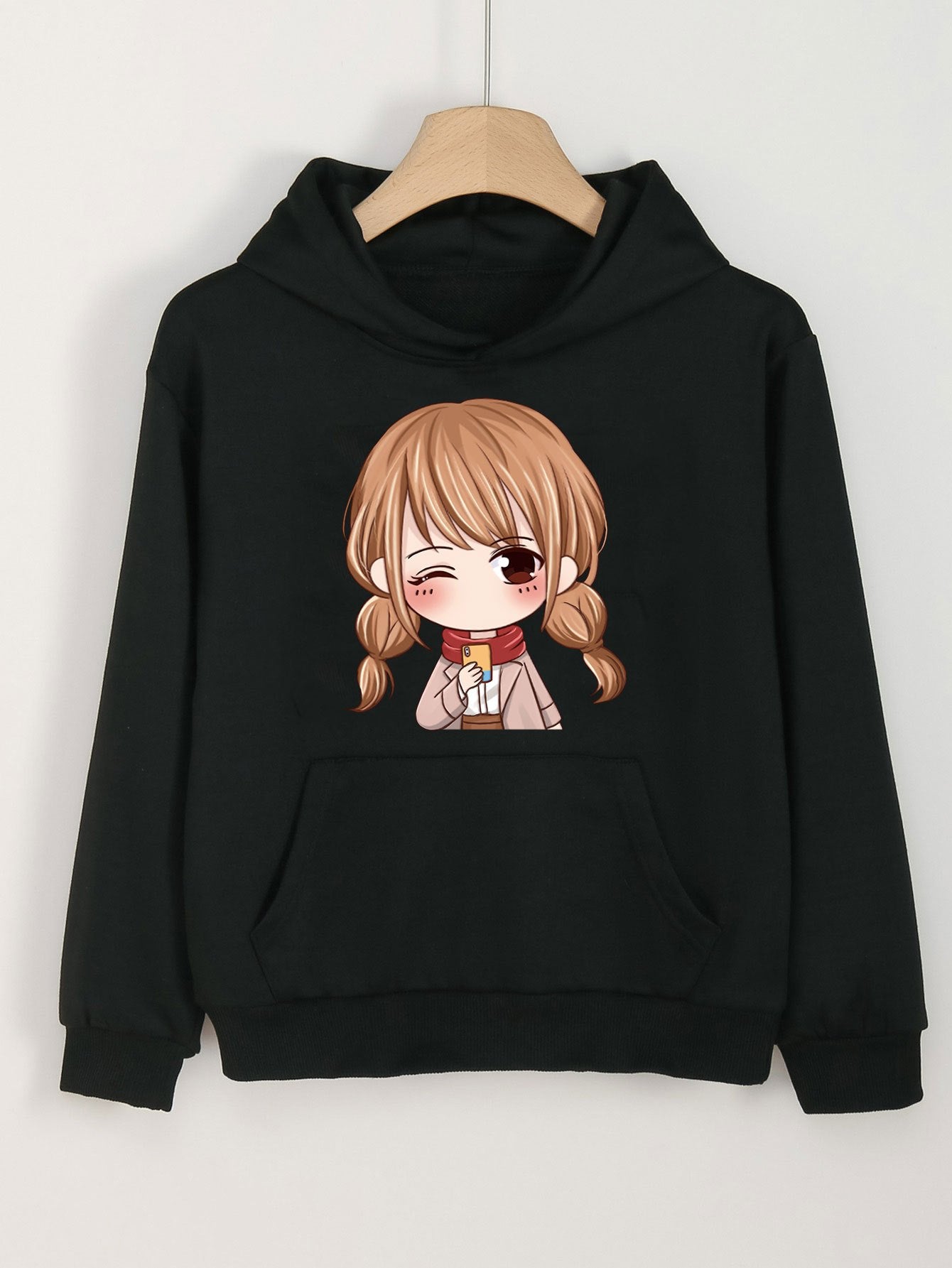 Anime Girl Print Hoodie Casual Sweatshirt for Girls