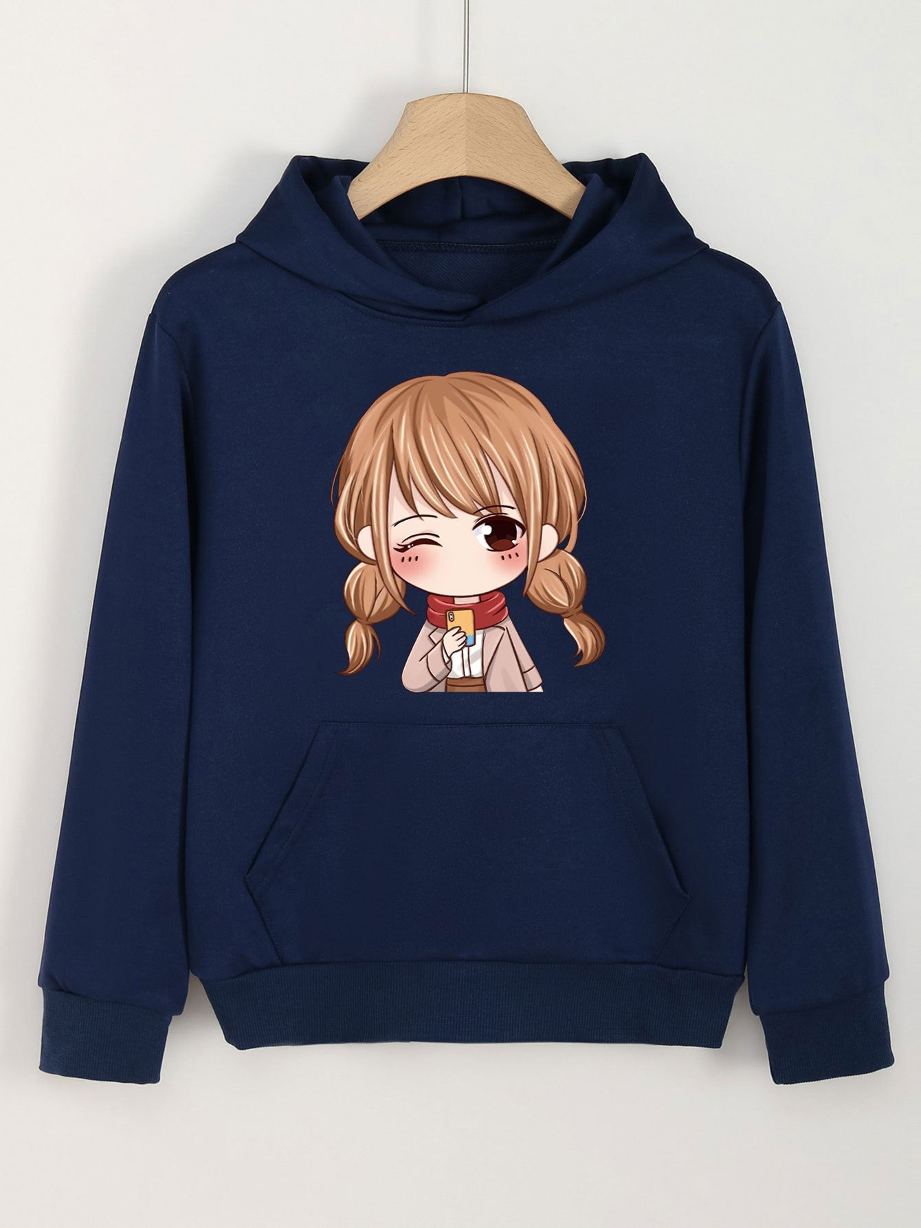 Anime Girl Print Hoodie Casual Sweatshirt for Girls