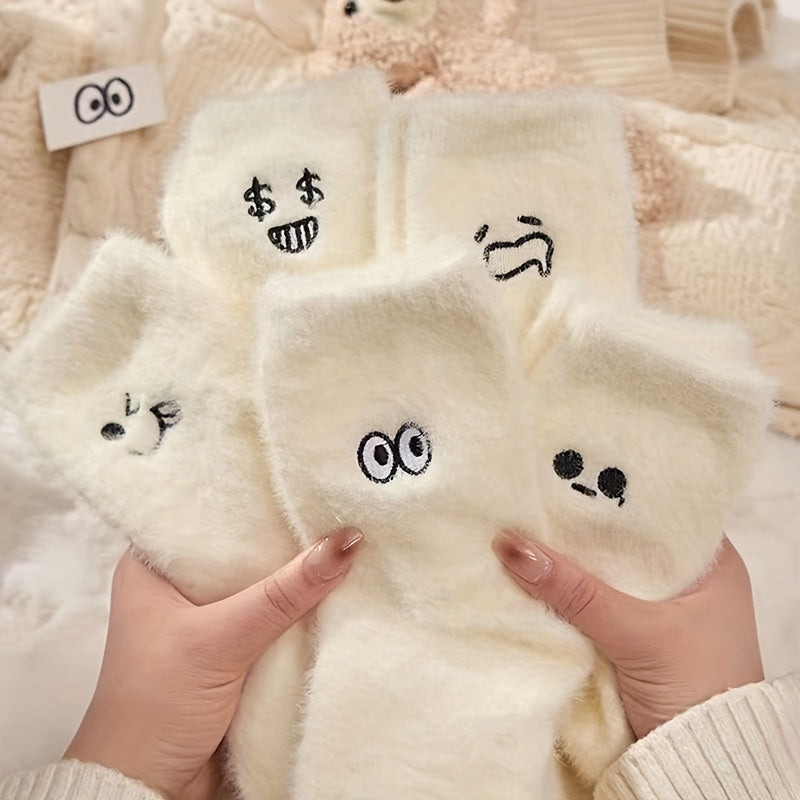 Teen's Cartoon Expression Knitted Crew Socks, 5 Pairs