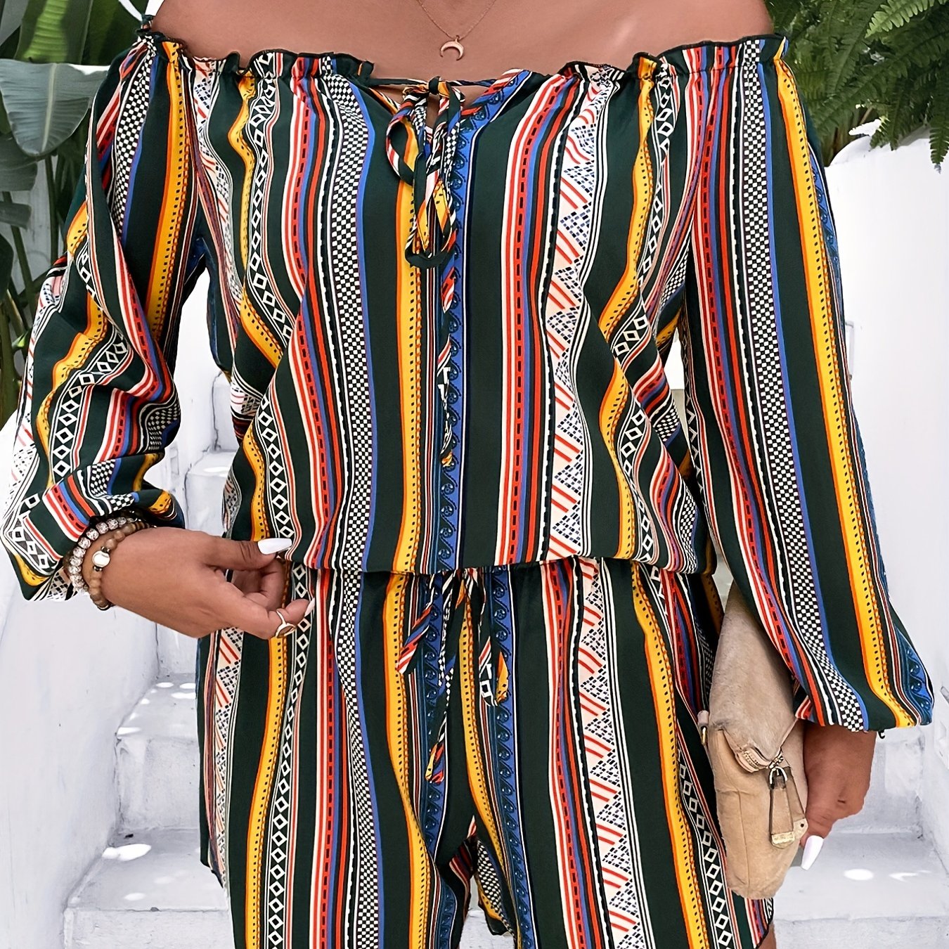  Colorful Stripe Print Ruffle Trim Top & Shorts Set