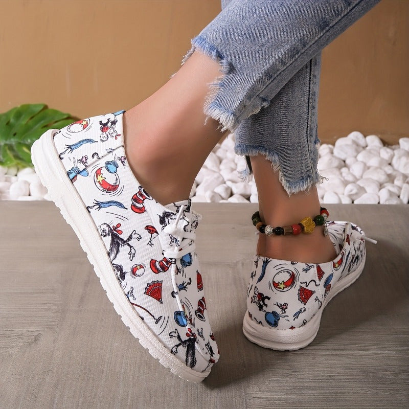 Women's Cartoon Animal Print Canvas Slip-on Shoes Lightweight Walking Flats