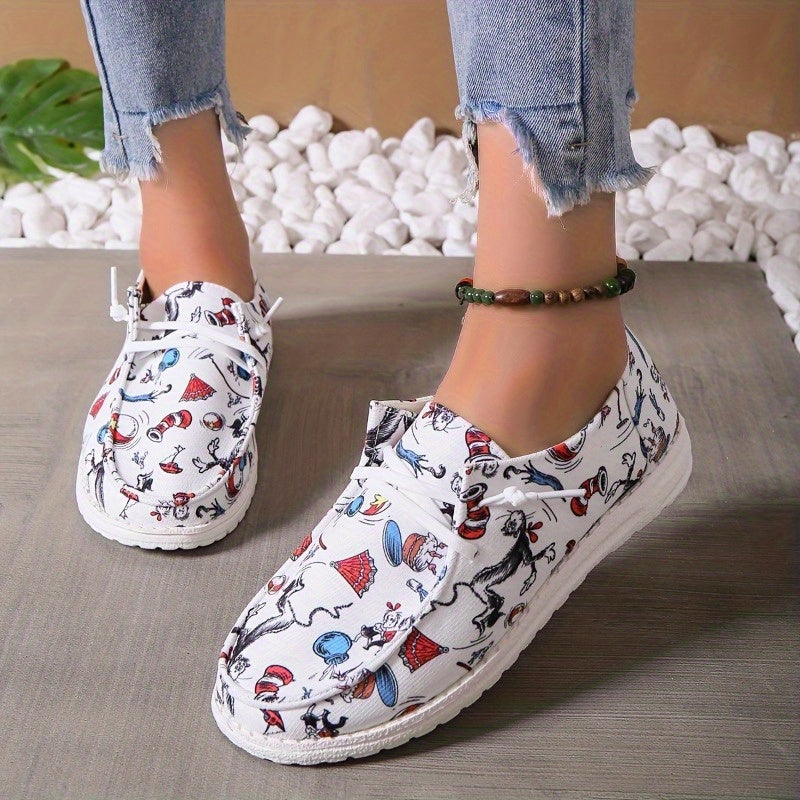 Women's Cartoon Animal Print Canvas Slip-on Shoes Lightweight Walking Flats