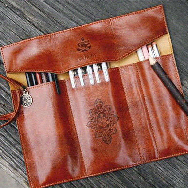 Vintage Faux Leather Pencil Case, Large Capacity