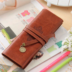 Vintage Faux Leather Pencil Case, Large Capacity